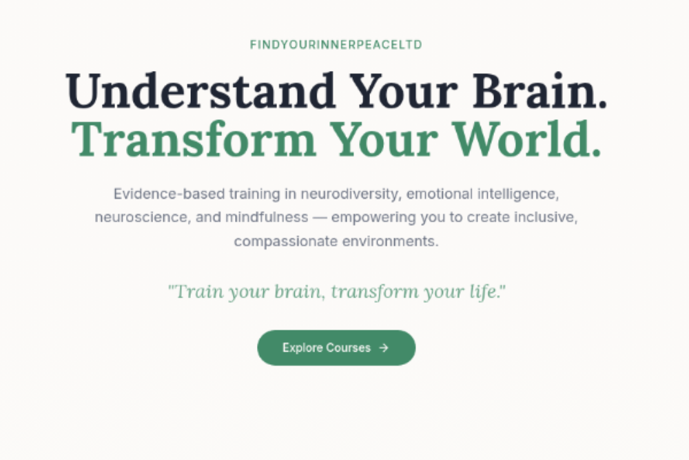Website homepage with text 'Understand Your Brain. Transform Your World.' on a white background.